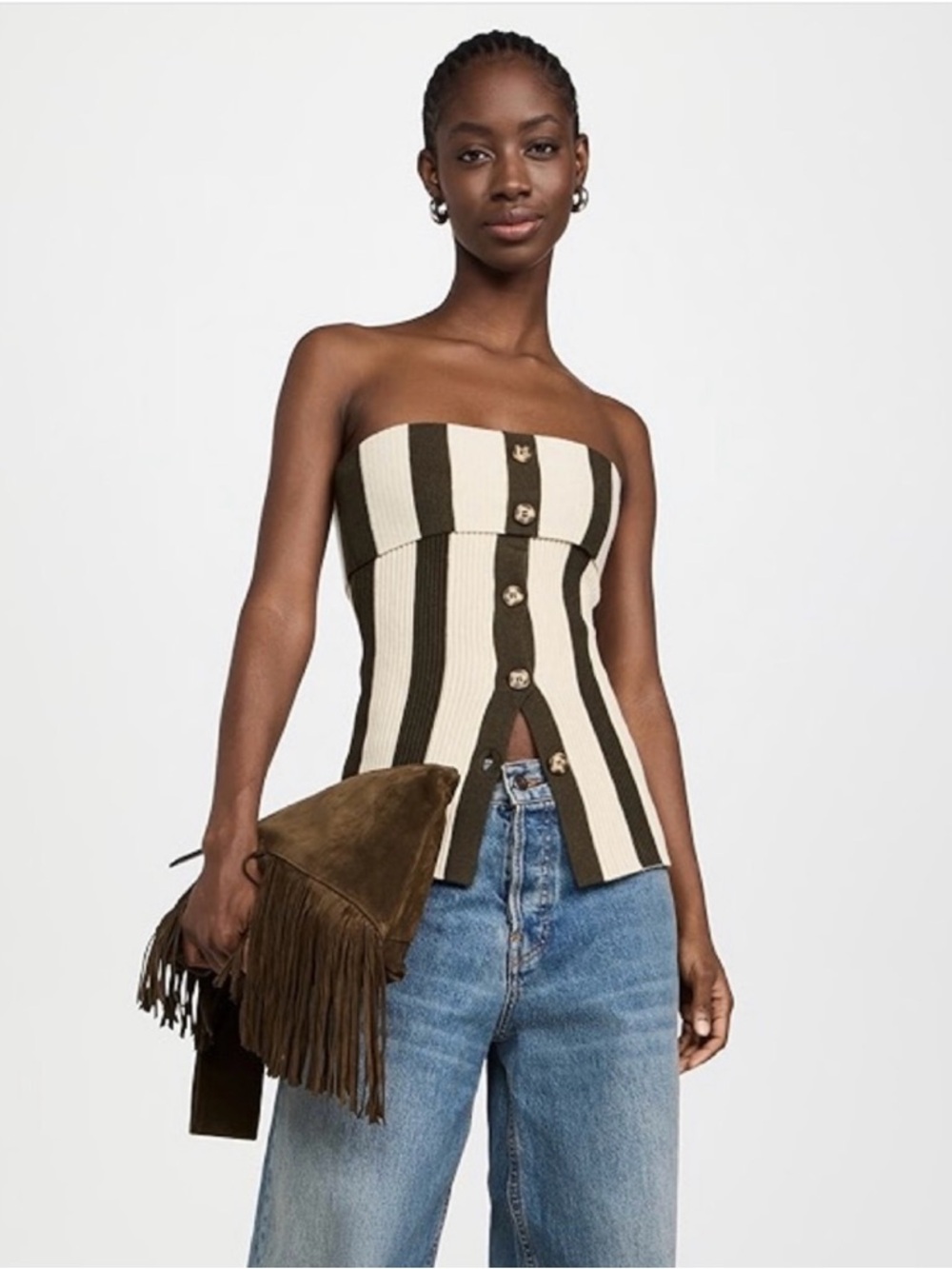 SIEDRES Strapless Ribbed Button-Front Top in Cream and Olive